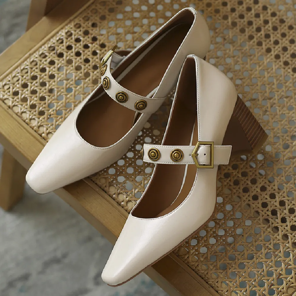 

Women's genuine leather thick high heel metal bucke mary jane pumps rivet buckle square toe elegant ladies soft comfortable shoe