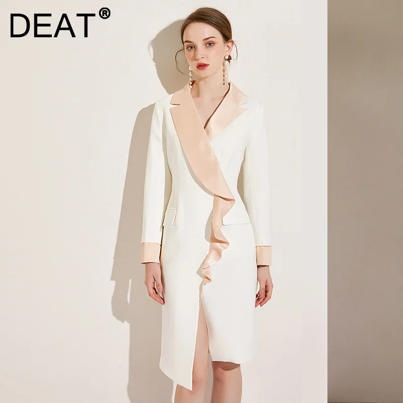 

DEAT 2021 New Spring And Autumn Fashion Casual Long Sleeve Temperament Lotus Leaf Edge Contrast Dress Women SL049