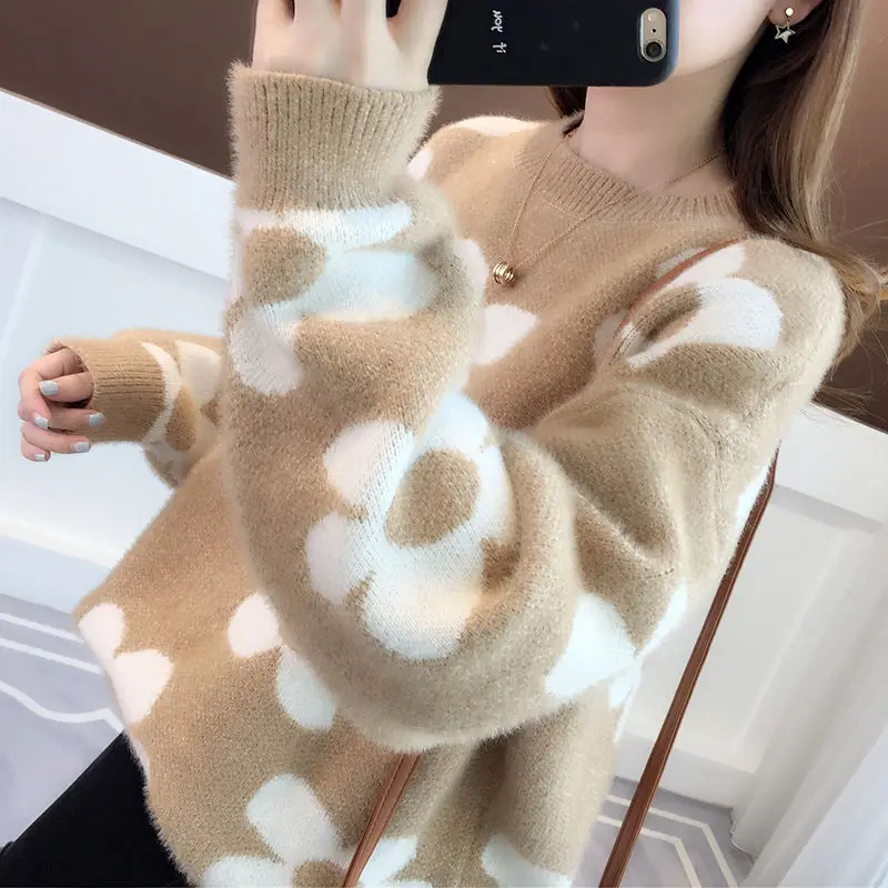 Sweater female loose 2019 new autumn and winter dress round neck pullover lazy wind knit bottoming shirt casual home | Женская одежда