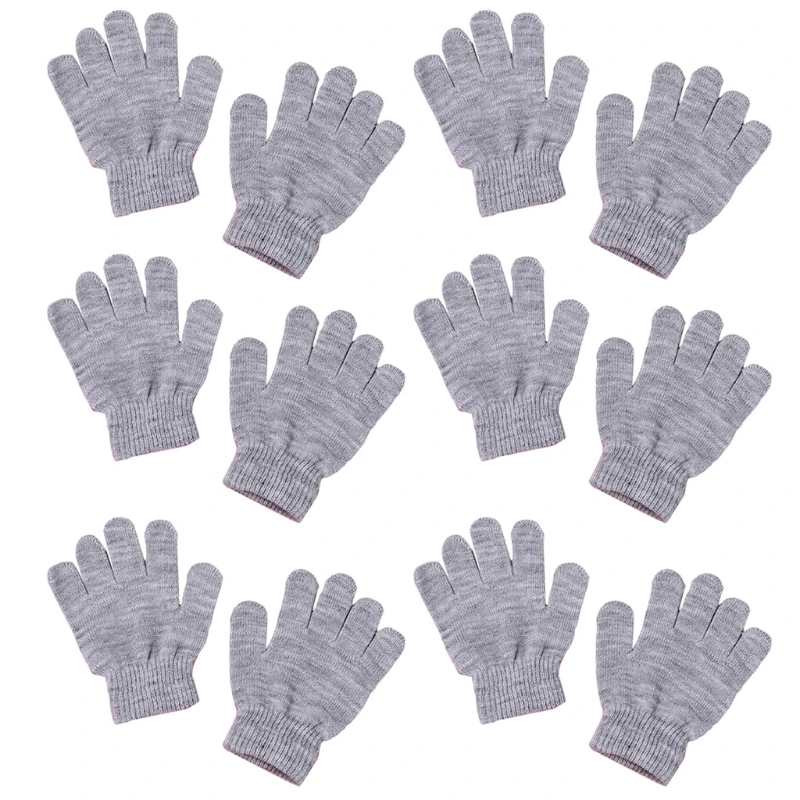 

6 Pairs Children Kids Winter Knitted Full Finger Gloves Student Neon Solid Color Outdoor Cycling Warm Magic Mittens