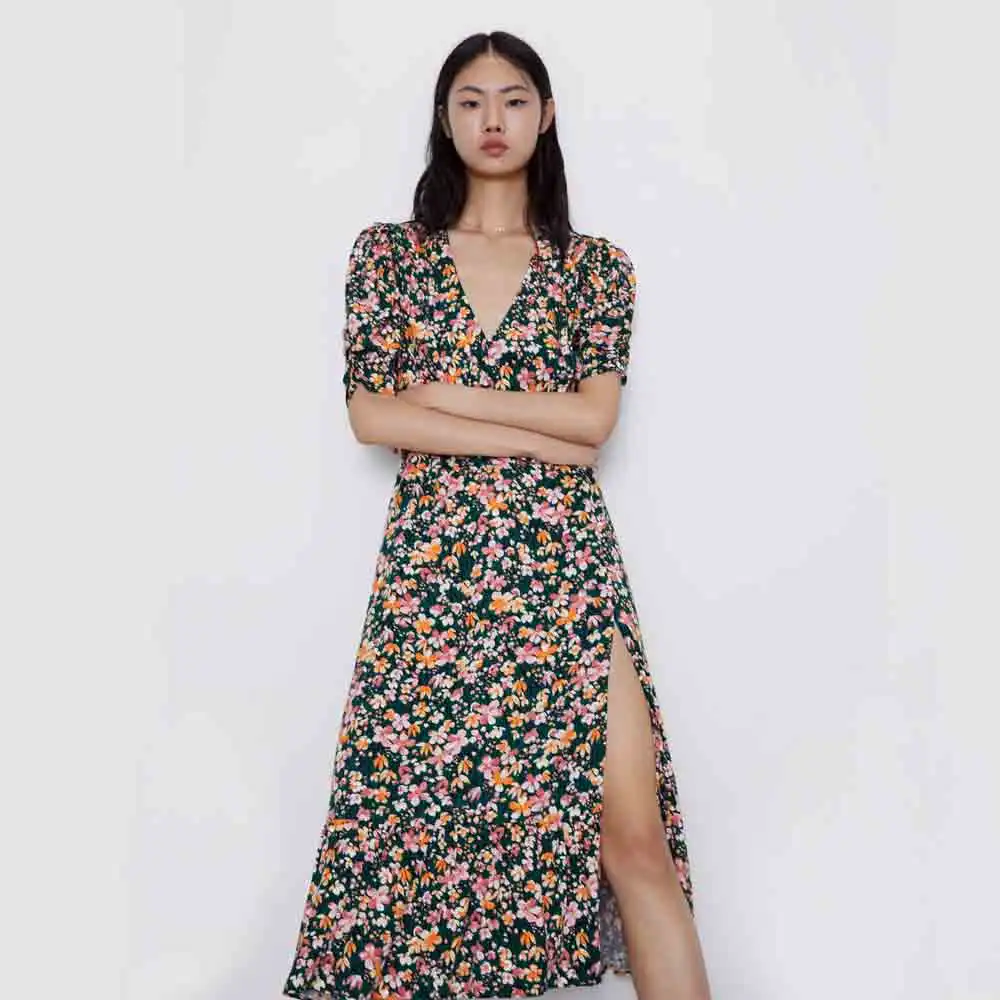 Женское платье с v образным вырезом ZA разноцветное приталенное для отдыха в