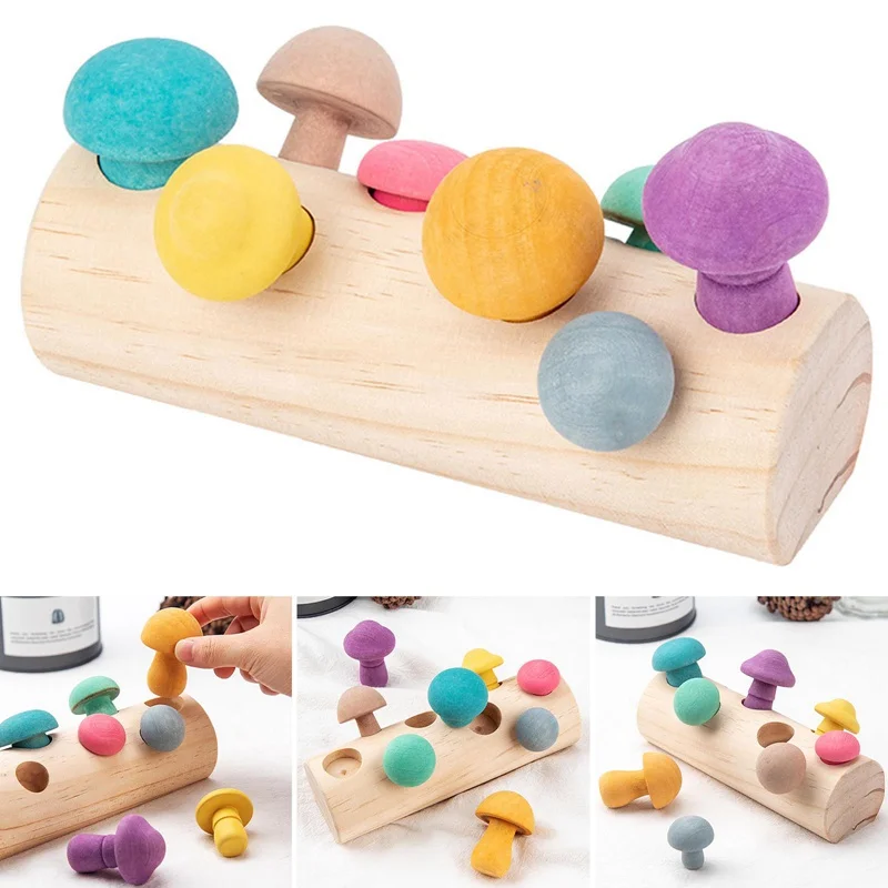 

New Developmental Shape Matching Assembly Grasp Wooden Rainbow Blocks Mushroom Picking Game Montessori Educational Toys