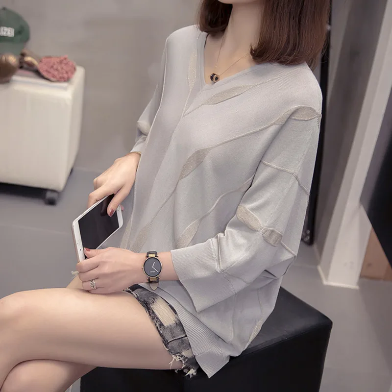 V-neck Knitted Sweaters Women 2021 Spring Summer Oversize Jumpers Loose Silver Striped Batwing Sleeve Korean Chic Tops | Женская одежда