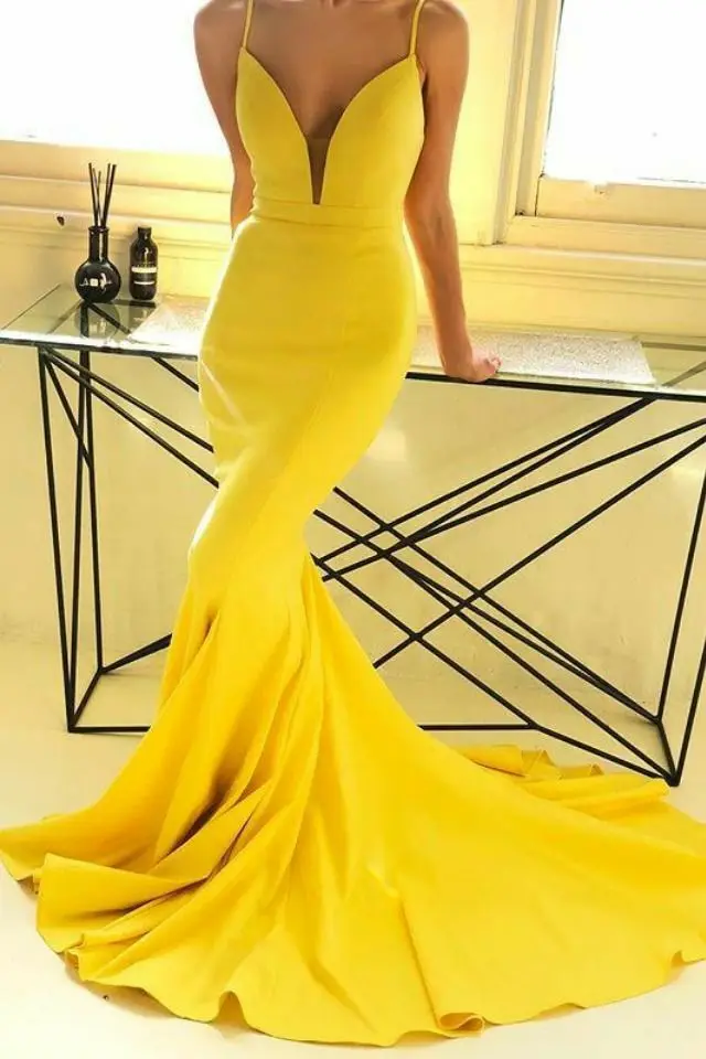 

Женское длинное атласное платье-русалка, желтое платье для выпускного вечера с V-образным вырезом, на молнии сзади, на бретелях-спагетти, веч...