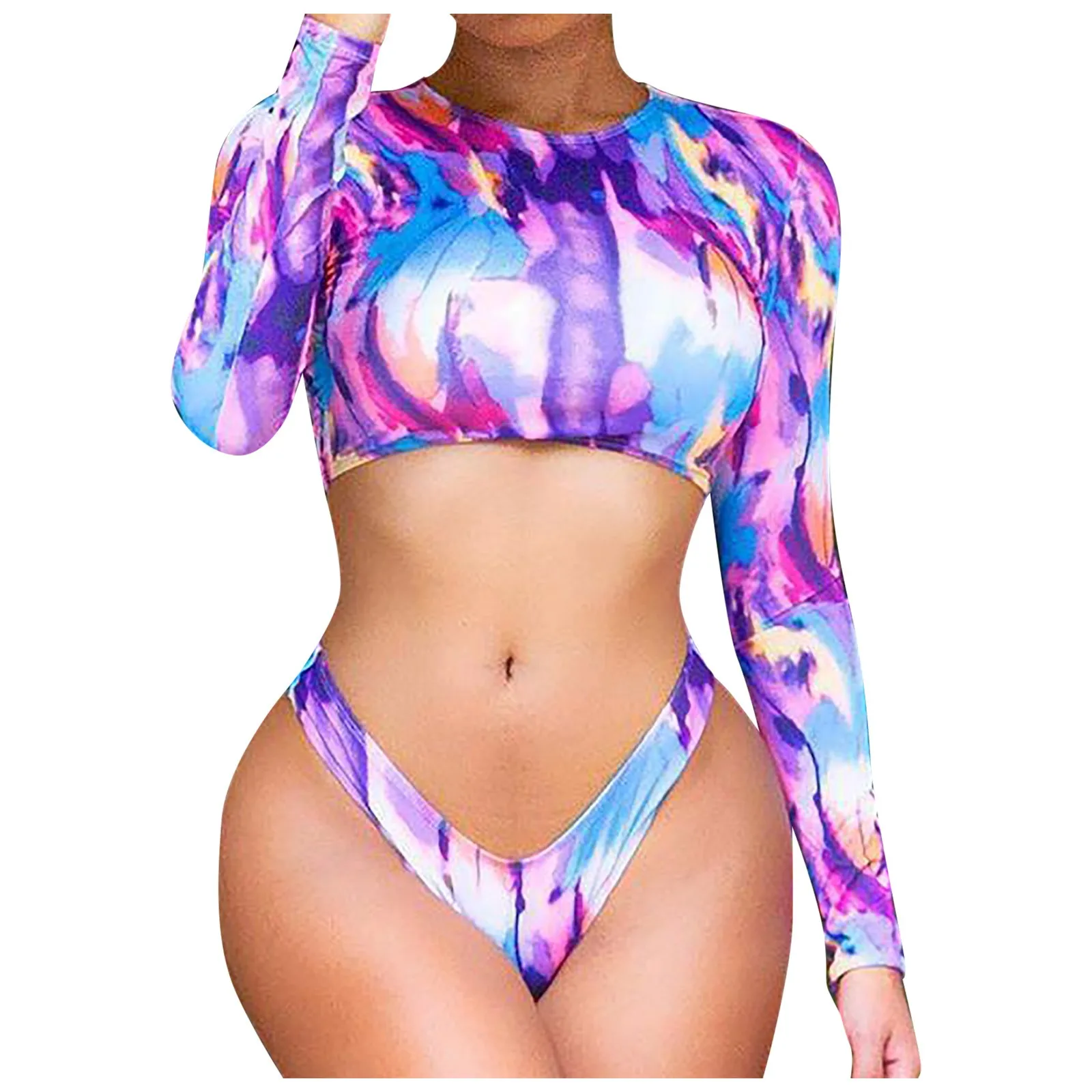 

Women's Sexy Printed Long Sleeve Split Beachwear Bikini Ross Back One-piece Beach Bathing Suit Female Swimwear Women Biquini