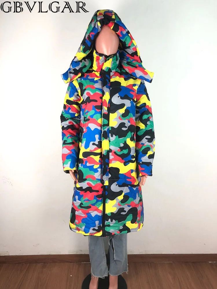 

GBVLGAR 2020 New Winter Women Coat Hooded Long Sleeves Camouflage Print Zipper Duck Down Jacket Warm Streetwear Style Outfits