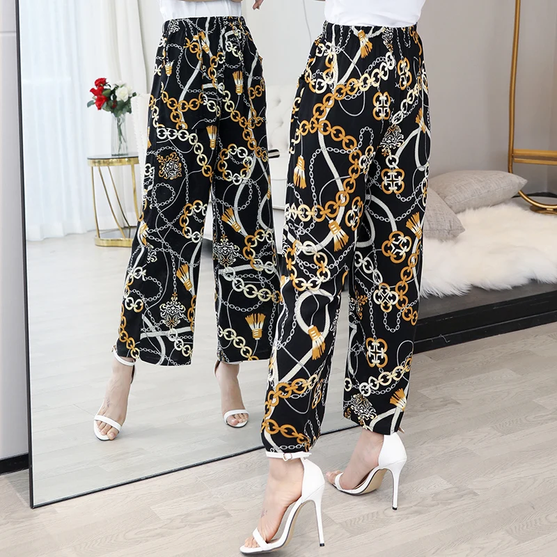 

Nice Women Print Autumn Spring Ankle-Length Pants High Waist Wide Leg Pants for Female Loose Casual Ladies Trousers with Pockets