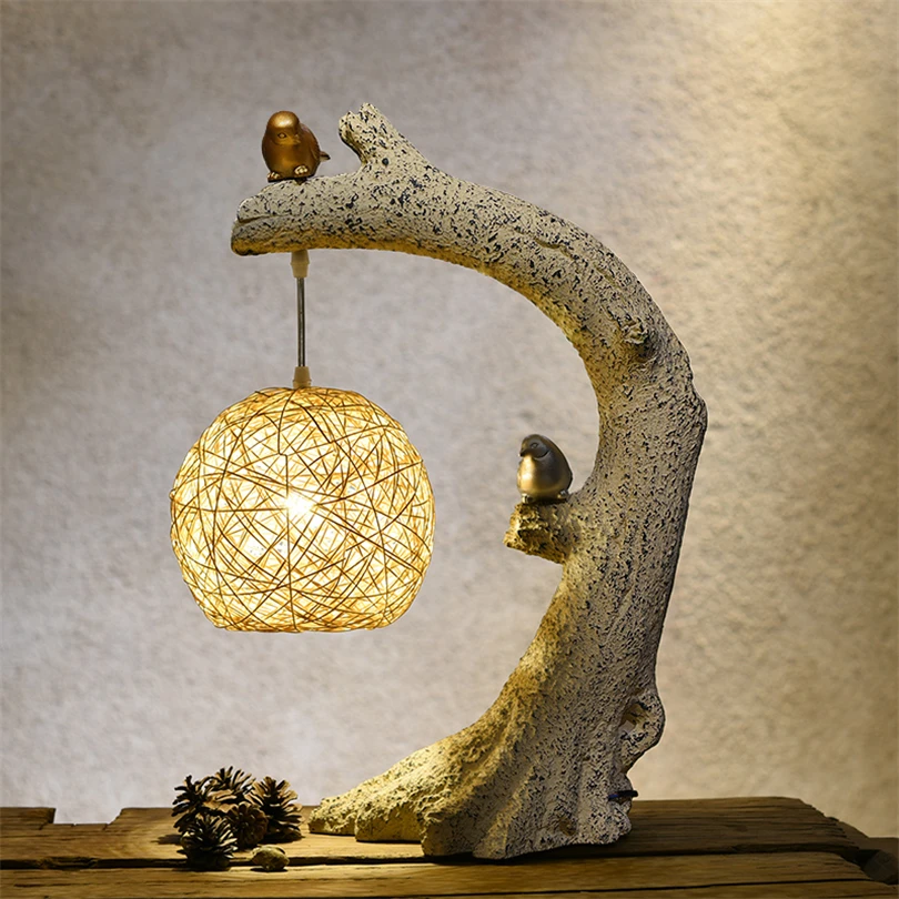 

Chinese Retro Bird Lamp LED Table Lamps for Bedroom Home Deco Living Room Lights Rattan Weave Pastoral Style Bird Light Fixtures