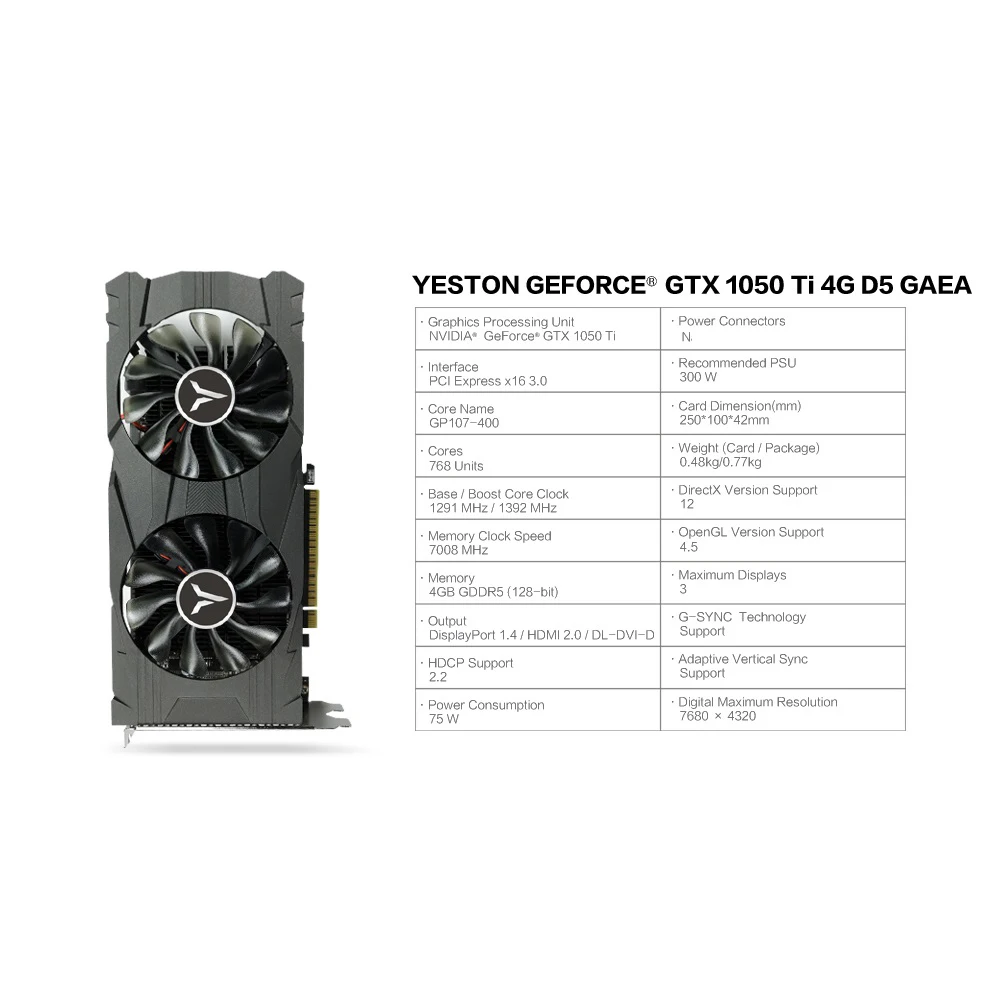 Yeston GeForce GTX 1050Ti 4G D5 GAEA графическая карта с 1291 1392 МГц/7008 МГц 4 ГБ/128 бит/GDDR5 памяти