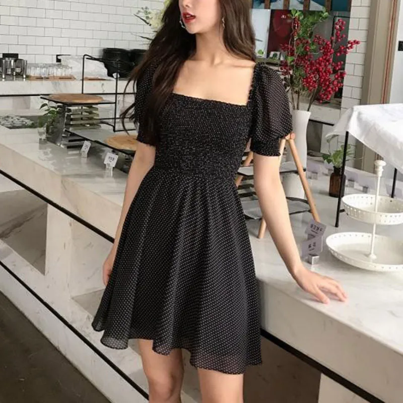 Polka Dot Summer Dress 2020 Square Collar Half Puff Sleeve Vacation Sexy Mini Tunic Women Sundress Robes Vestidos | Женская одежда