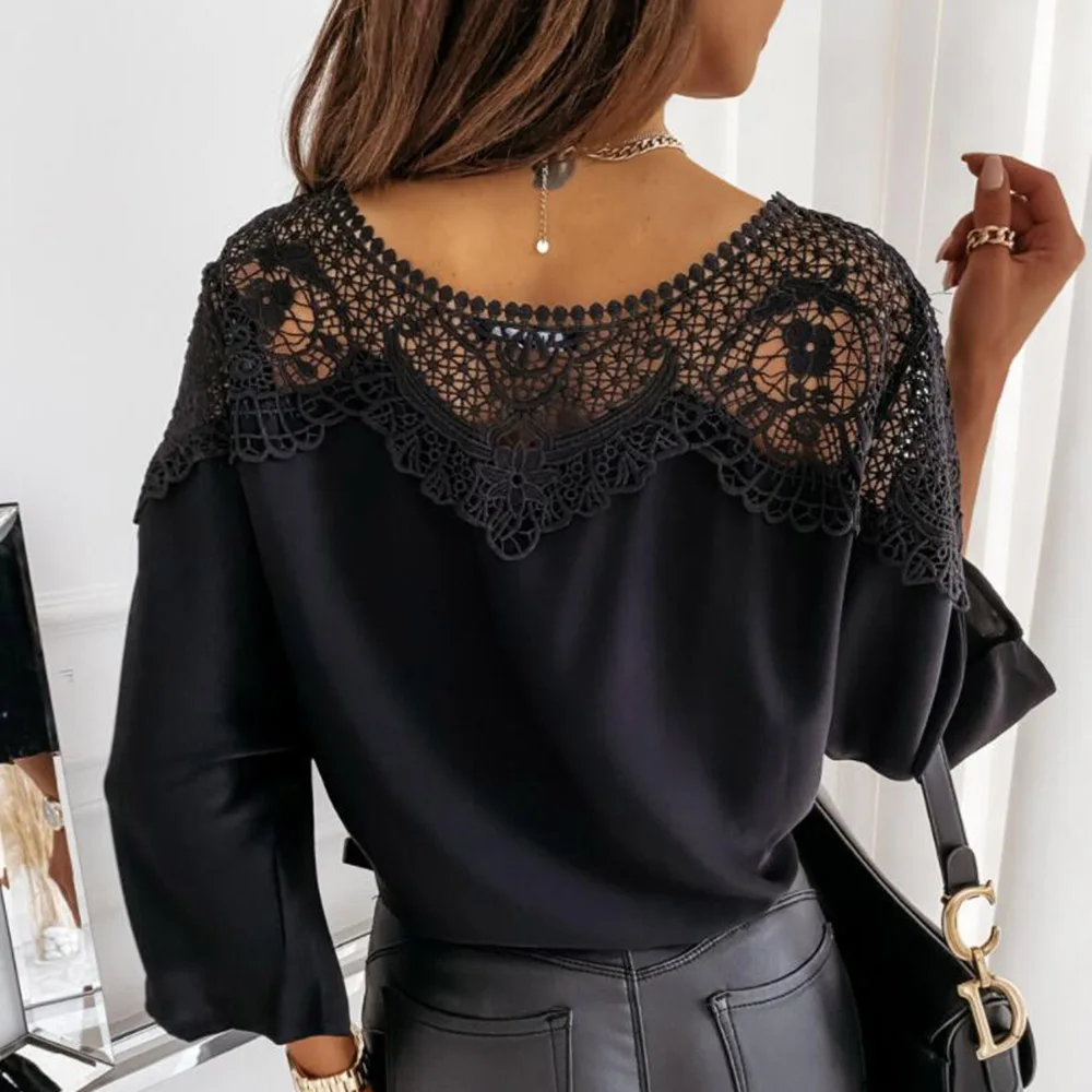 

Western Style Blouse Casual Fashion Loose Lace Splicing Bandage Sexy Solid Color Round Neck Bat Sleeve 2021 Spring Summer