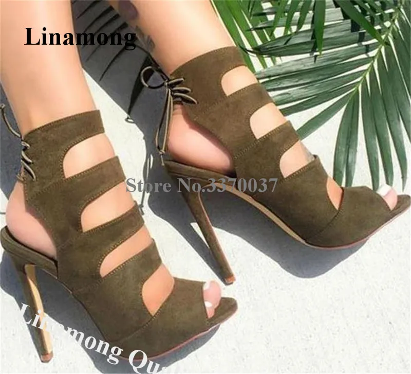 

Linamong Western Fashion Open Toe Suede Stiletto Heel Gladiator Sandals Back Lace-up Army Green High Heel Sandals Big Size