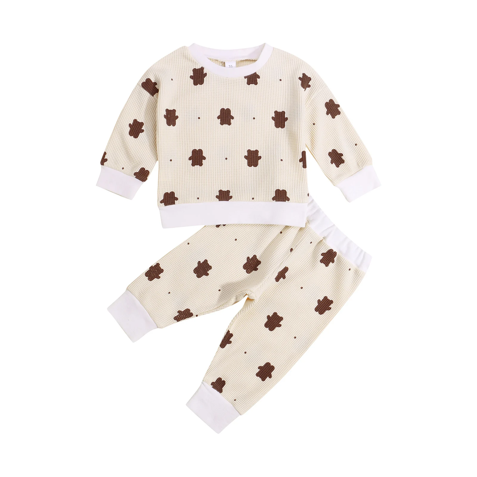

2 Pcs Newborn Color Block Outfits Baby Bear Print Long Sleeve Round Neck Pullover + Trousers