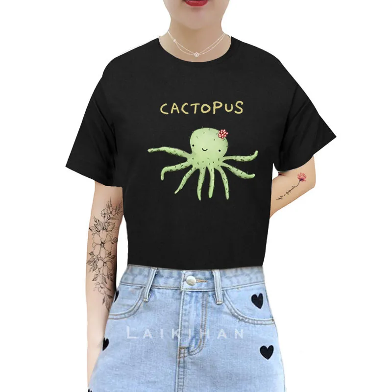 

Футболка Cactopus женская с принтом, Повседневная Базовая белая рубашка с круглым вырезом и коротким рукавом, с графическим принтом осьминога
