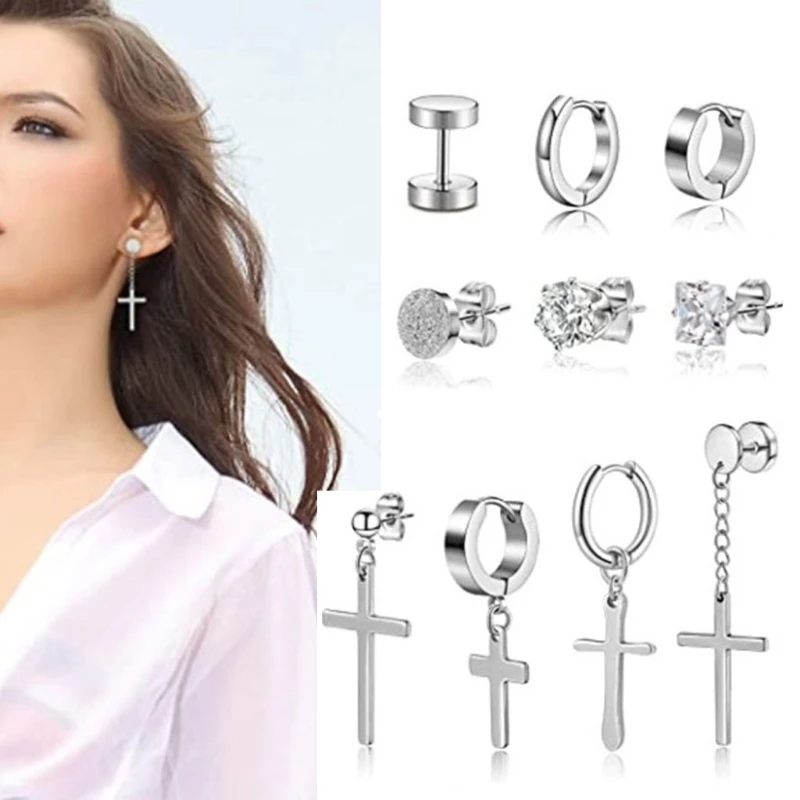 

10 Pairs Stainless Steel Cross Earrings Studs Hoop Earrings Hinged Dangle Cross Earrings Kit for Men and Women Jewelry