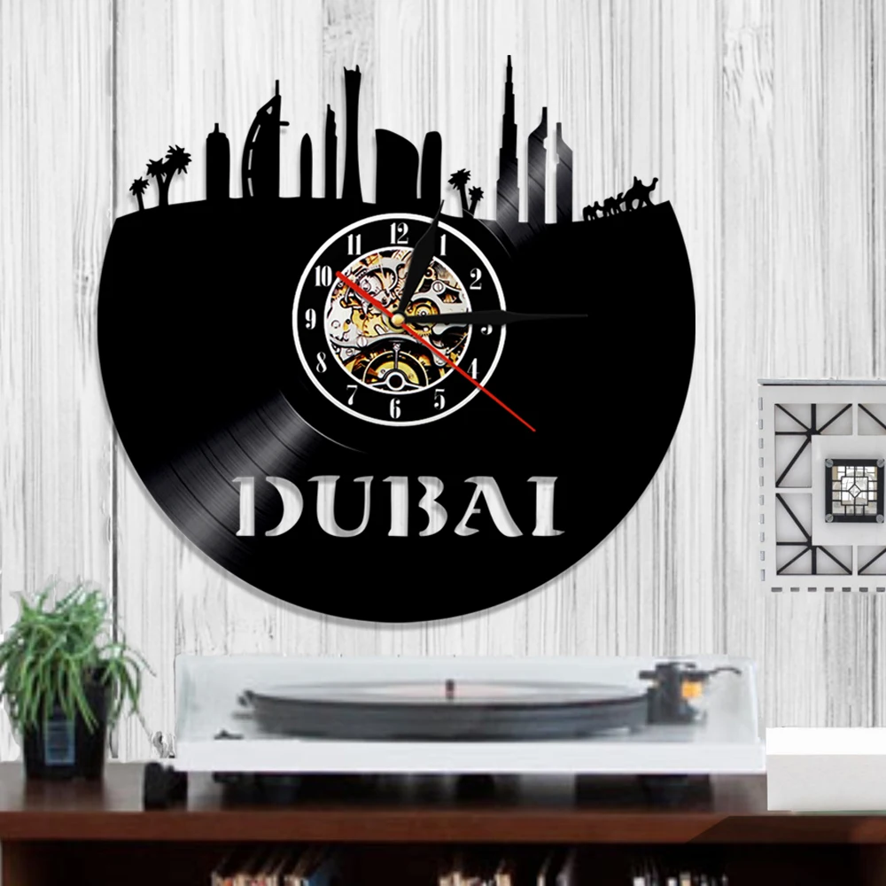 Современный дизайн виниловые настенные часы Дубай городской пейзаж Искусство