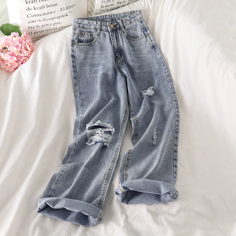 Брюки женские с дырками модные Универсальные свободные прямые широкие штаны