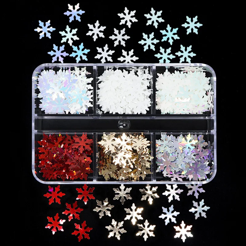 

Christmas 6 Grids White Snowflake Nail DIY Glitter Sequins 3D Holographic Snow Flakes Slices Winter Manicure Nail Art Decoration