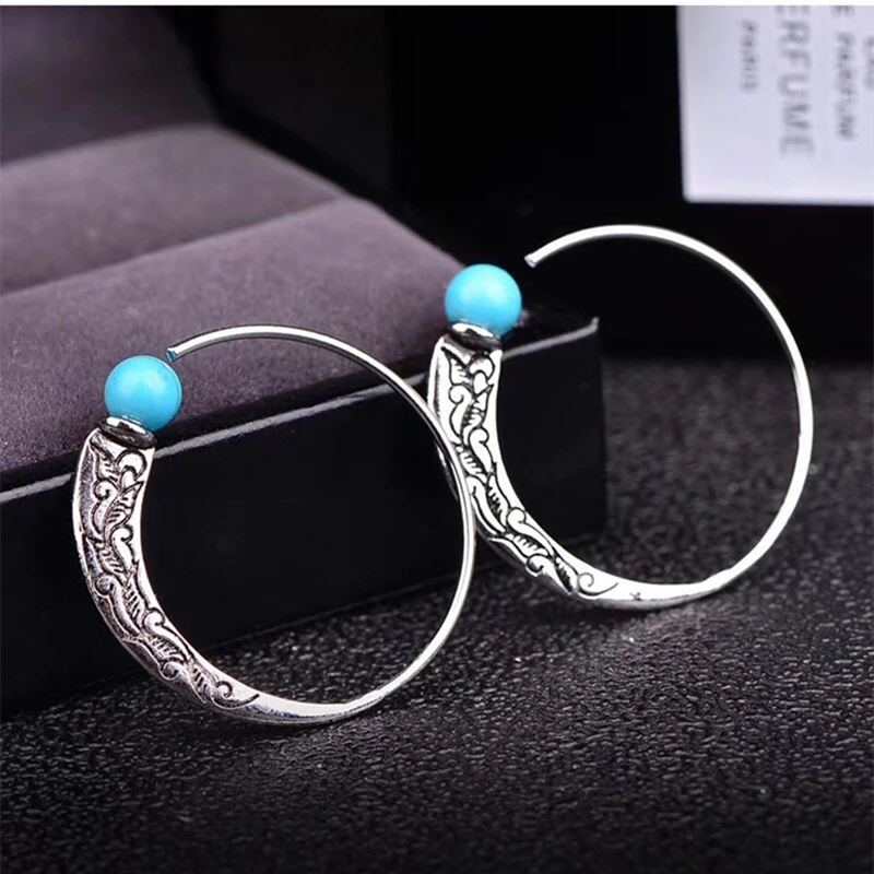 

Silver simple personality atmosphere retro Thai silver turquoise earrings female punk style earrings 2021 trend jewelry earrings