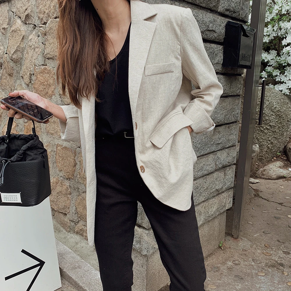 

Women Autumn Cotton Linen Vintage Jacket Coat Single Breasted Back Button Split Hem Loose Suits Outwear