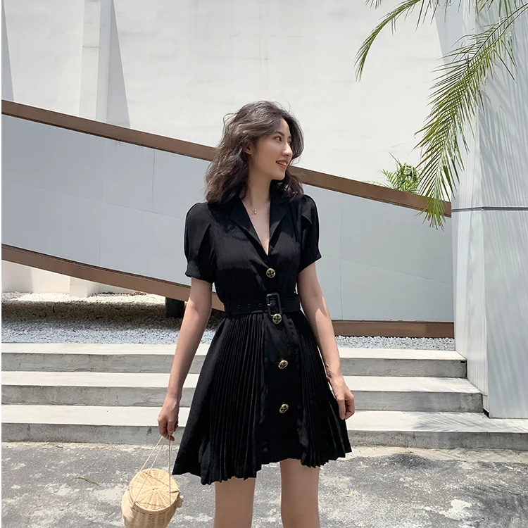 Модельное Плиссированное шифоновое платье модное офисное женское черное