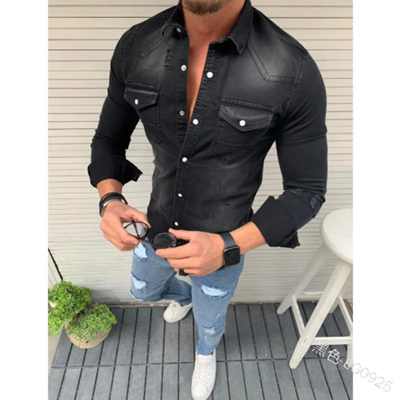

Simple men's denim shirt casual fashion button double pocket pocket decoration slim wash Denim Long sleeve coat