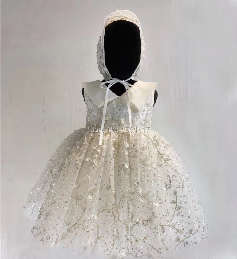 

Baby Toddler Flower Lace Dresses Little Girl Dress for 1st First Baby Girl Birthday Outfits Infant Christening Gown dress+hat