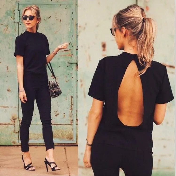 

New European beauty slim sexy backless halter short-sleeved T-shirt y2k aesthetic y2k shirt tshirt women tshirt