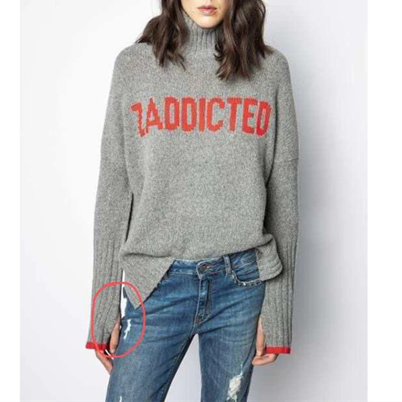 

100% Cashmere Women Red Letters Knit Sweater Autumn Winter Long Sleeve Turtleneck Knitwear Jumpers Female Pullover Top