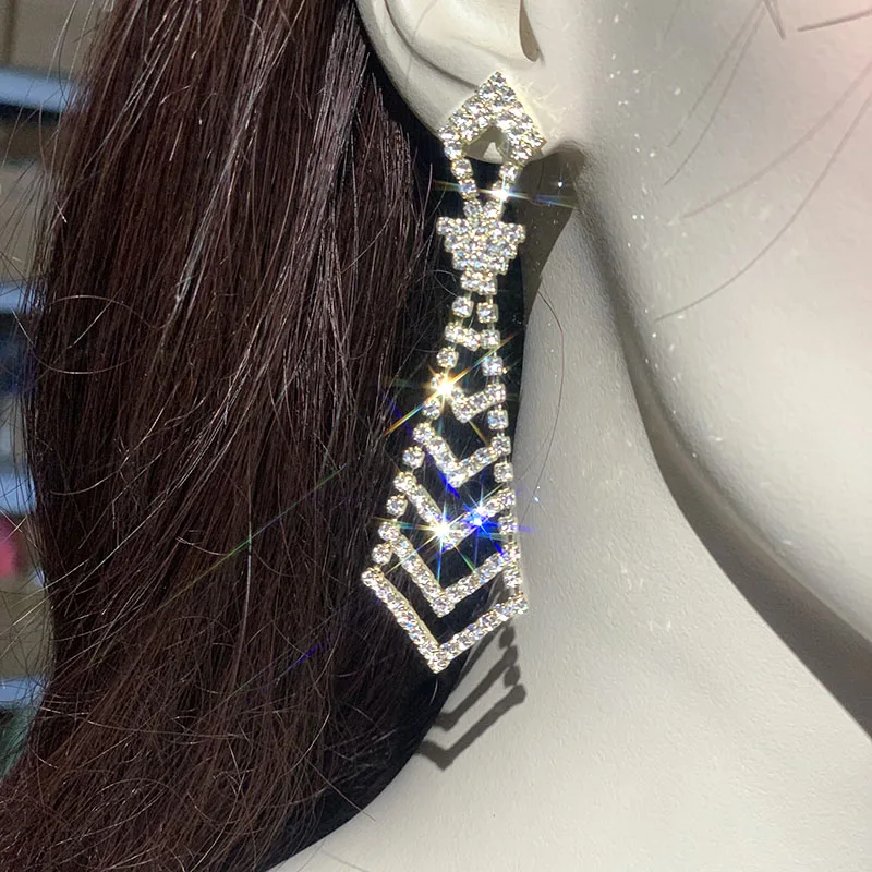 Фото JXCUL блестящие серьги с геометрическим кристаллом для женщин, Bijoux в форме галстука, висячие серьги со стразами, эффектные ювелирные изделия A426 №4