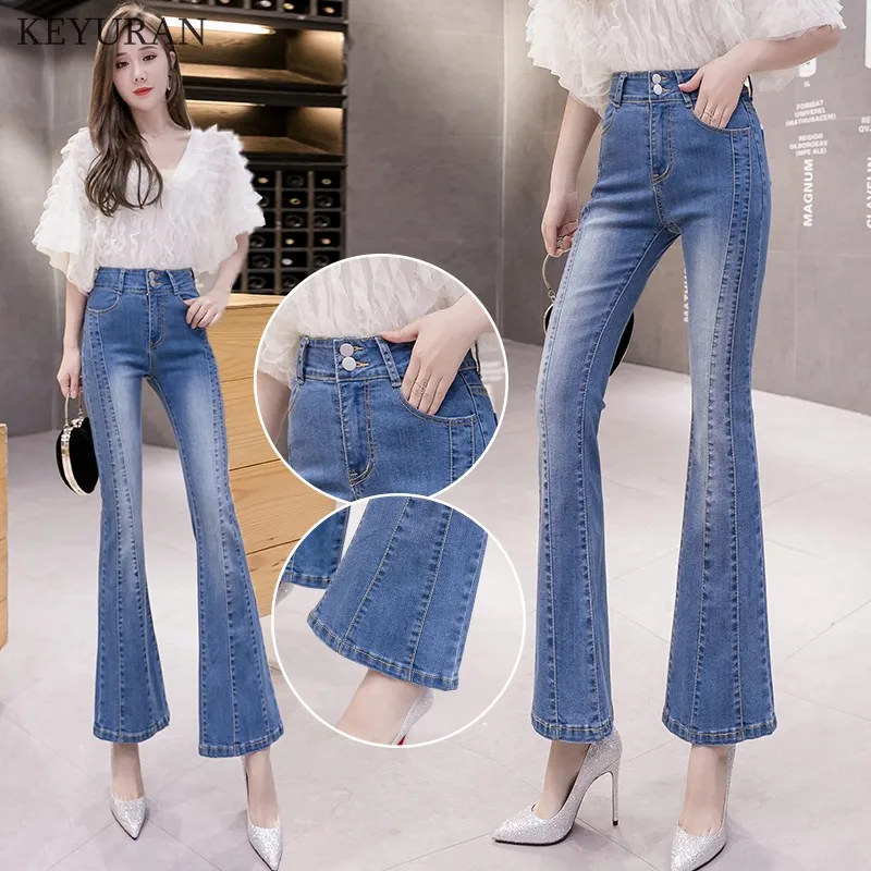 

Женские облегающие джинсы стрейч с завышенной талией, однобортные расклешенные брюки из денима неправильной формы, модель 2021 года