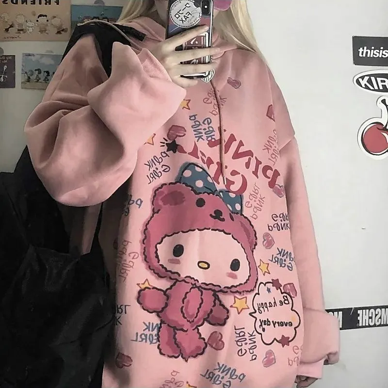 

HOUZHOU Kawaii Cartoon Print Hoodie Women Pink Anime Sweatshirt Korean Fashion Long Sleeve Hooded Top Vintage Oversized Female
