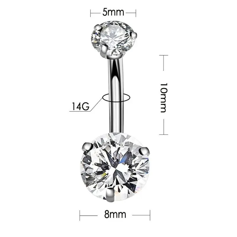 

8 Colors 14G Belly Button Ring Stainelss Steel Round Cubic Zirconia Curved Barbell Navel Rings Belly Piercings Jewelry