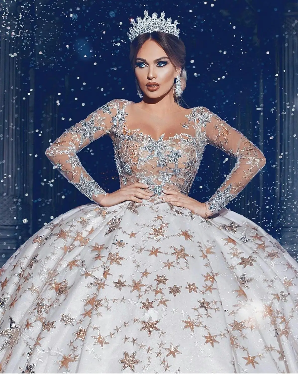 Gorgeous Ball Gown Wedding Dresses Lace Sequined Star Sheer Jewel Neck Court Train Custom Made Arabic Weeding Gowns Bridal Dress