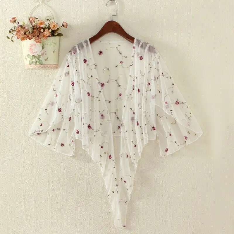 2021 Hot Sale Women Sexy Top Beach Swimsuit Swimsuit Floral Top Cardigan Thin Coat Mesh Embroidery Blouse Cover Up Women