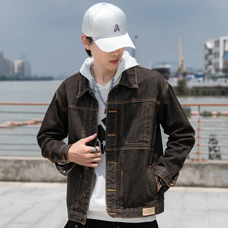 Темно-коричневый Повседневное тонкий Для мужчин джинсовая куртка размера плюс 5XL