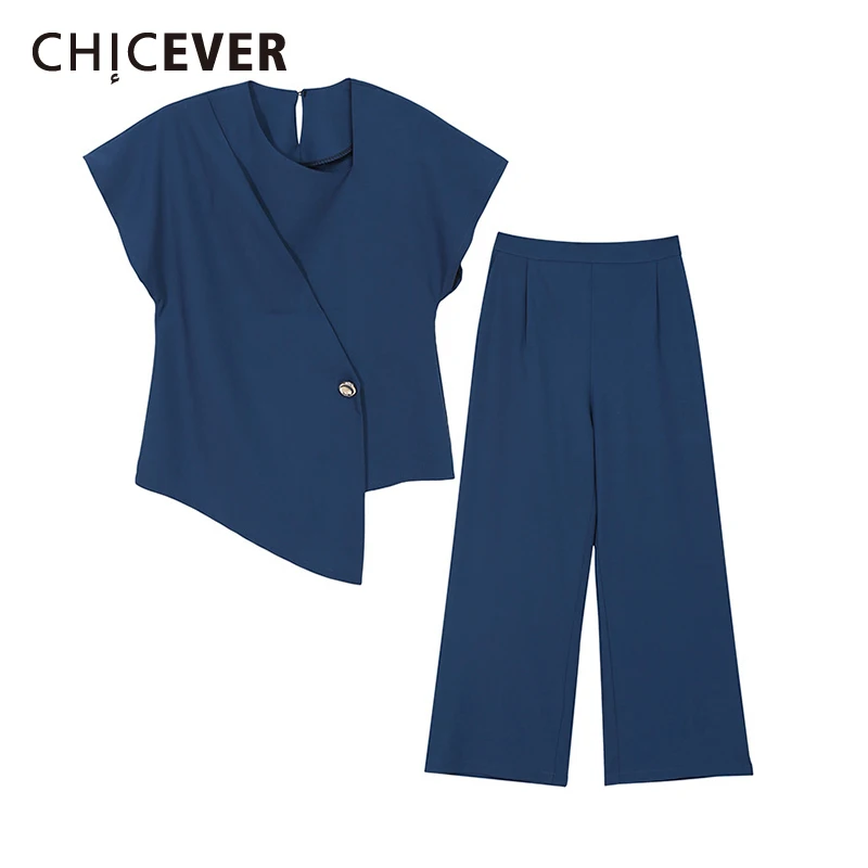 

CHICEVER, повседневный комплект из двух предметов для женщин, круглый вырез, короткий рукав, Свободный Топ, асимметричный подол, широкие брюки, о...