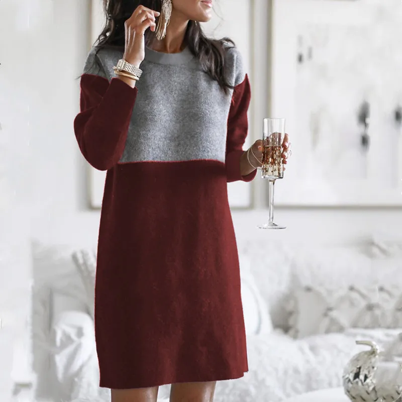 2021 Autumn And Winter Womens Sweater Dresses New Stitching Loose Large Size Round Neck Long Sleeve Woman Dress Vestido De Mujer | Женская