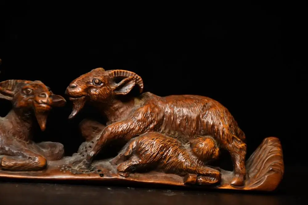 

Wedding Decoration 8" China Lucky Seikos Boxwood Goat statue Three sheep playing wood carving Sanyang Kaitai