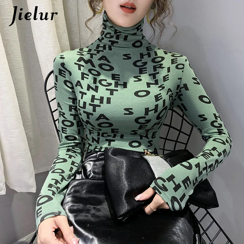 

Jielur Fashion Letters Printed Long Sleeve Women's T-shirts Turtleneck Slim Basic Tshirt Female S-XXL Black White Tee Shirt Tops