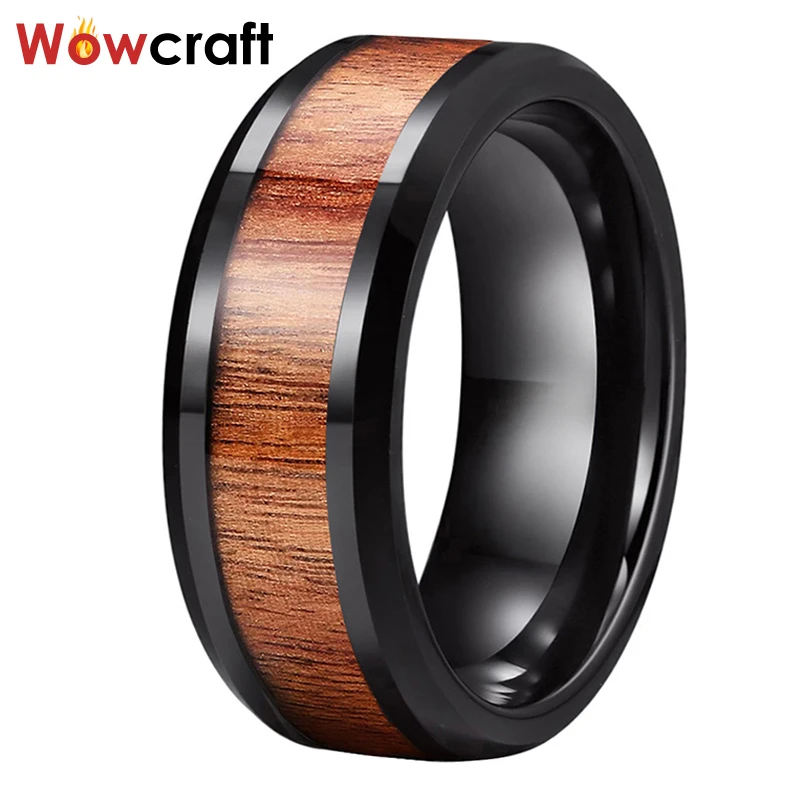 

Black Tungsten Rings for Men Women Engagement Wedding Bands Polished Koa Wood Inlay Comfort Fit