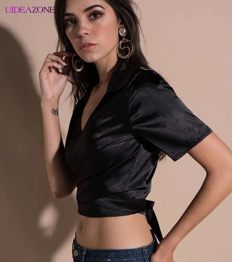 Женский укороченный топ UIDEAZONE черная футболка с коротким рукавом и отложным