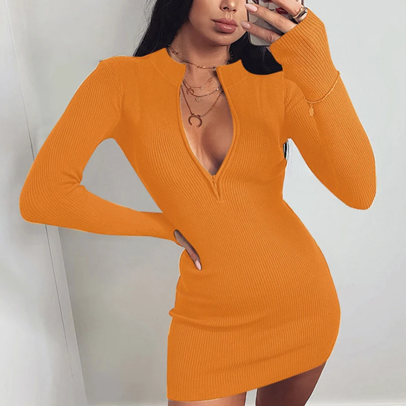 

Women Ribbed Pullover Dress Sexys All-Match Slim Bag Hip Skirt For Autumn FS99