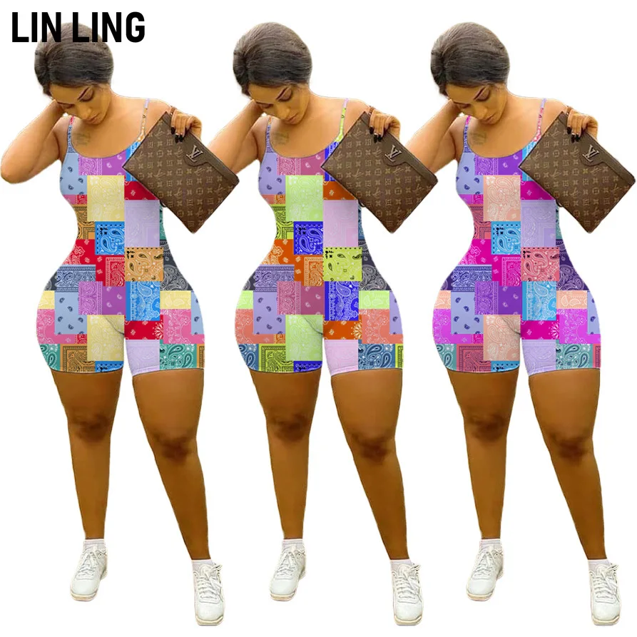 

LINLING Suspender Casual Solid Printed Sports Women's Sleeveless Summer Cycling Shorts Sports Jumpsuit