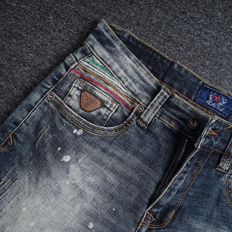 European American Vintage Fashion Men Jeans Retro Gray Blue Slim Fit Ripped Jeans Men Painted Designer Elastic Denim Punk Pants