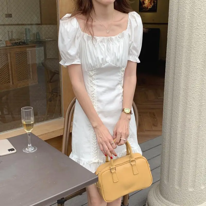 

COIGARSAM French Style Women Mini dress New Puff Sleeve Belt Dresses White Black 9619