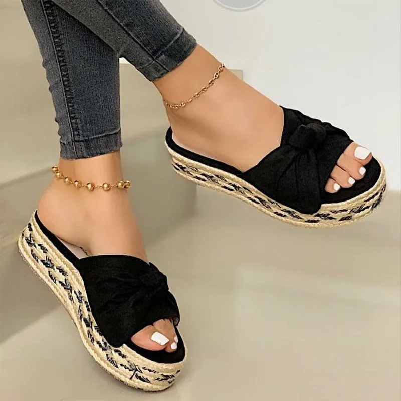 

Тапочки, Новинка лета 2021, бант из пеньковой веревки с толстой подошвой, модные повседневные женские шлепанцы