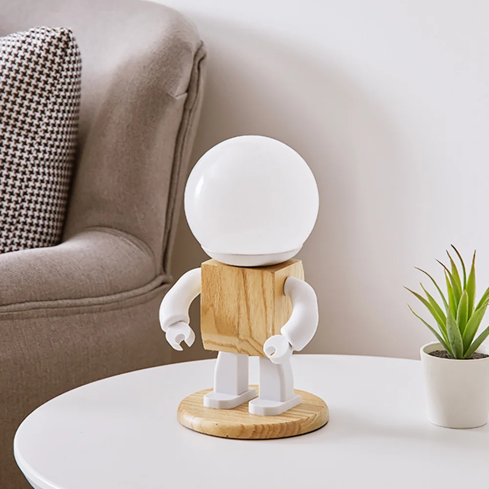 

LED Children Bedroom Bedside Mini Night Light Nordic Modern Cute Robot Table Light White Wood Table Lamp for Bedroom Decoration