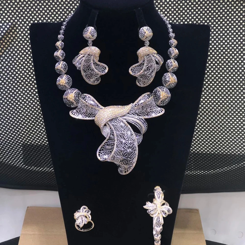 Брендовый роскошный полый бант для женщин, обручальное кольцо, ожерелье, серьги, комплект ювелирных изделий из Дубая, ювелирные изделия