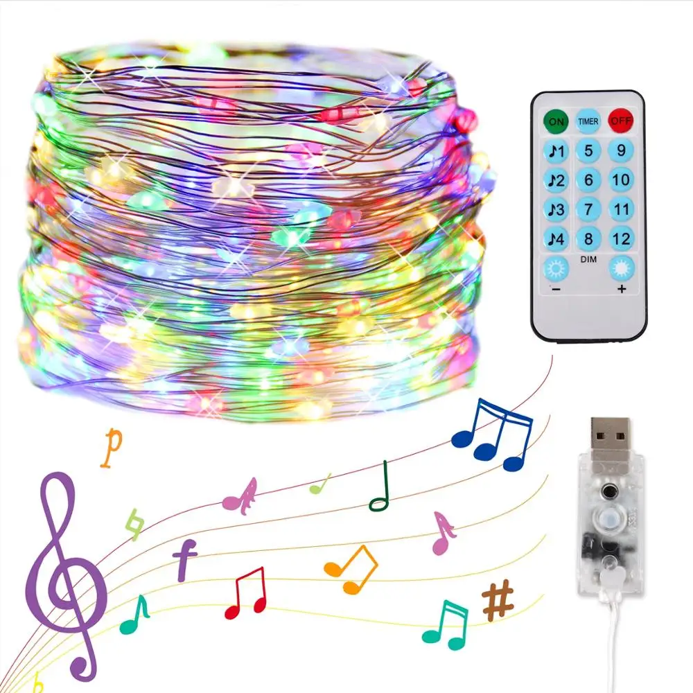 

5M/10M USB Sound Activated LED Music Control String Light Garland Christmas Decor Holiday Lighting 8 Function Remote Control